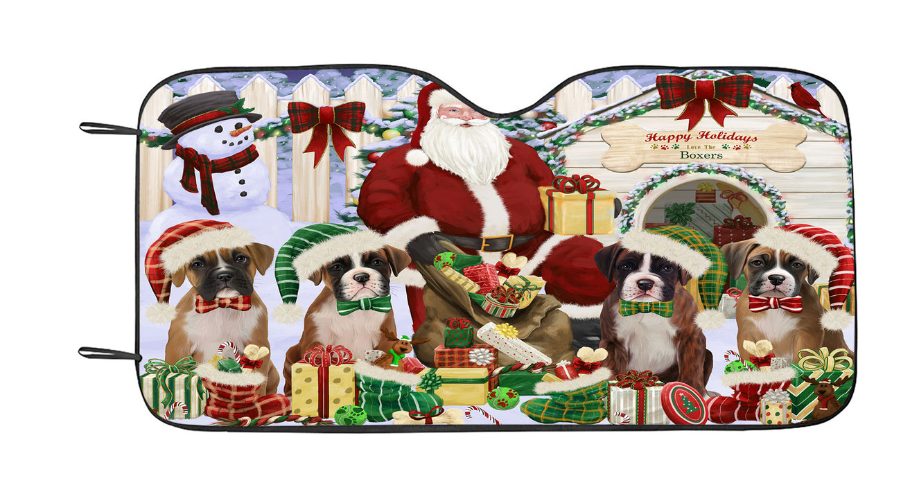 Happy Holidays Christmas Boxer Dogs House Gathering Car Sun Shade