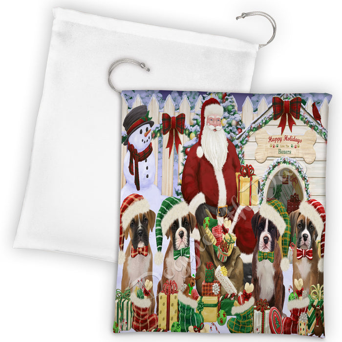 Happy Holidays Christmas Boxer Dogs House Gathering Drawstring Laundry or Gift Bag LGB48027