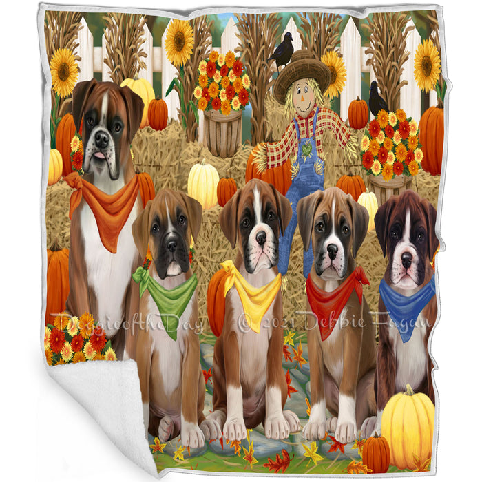 Fall Festive Gathering Boxers Dog with Pumpkins Blanket BLNKT71742