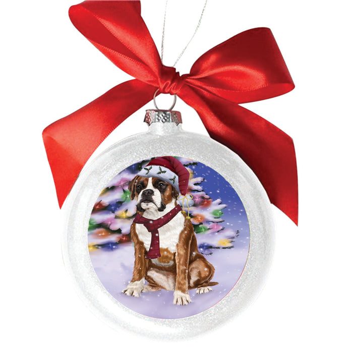 Winterland Wonderland Boxer Dog In Christmas Holiday Scenic Background White Round Ball Christmas Ornament WBSOR49536