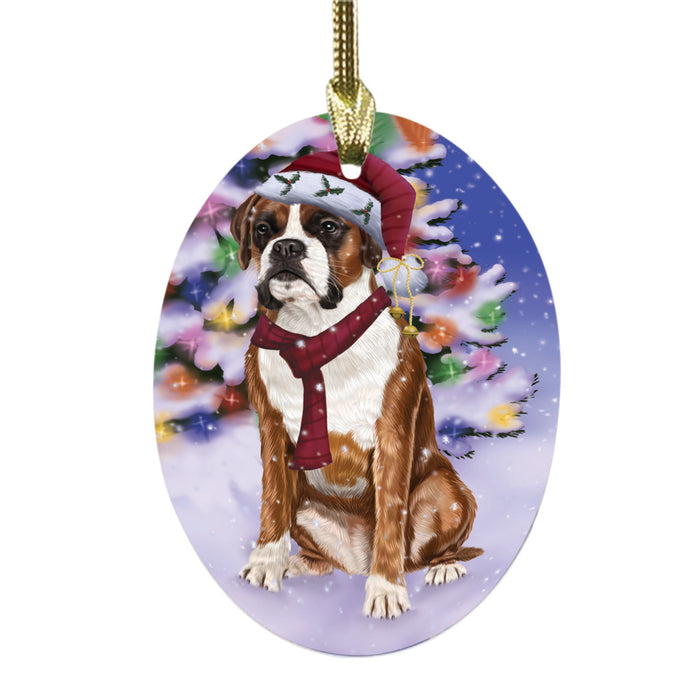 Winterland Wonderland Boxer Dog In Christmas Holiday Scenic Background Oval Glass Christmas Ornament OGOR49536