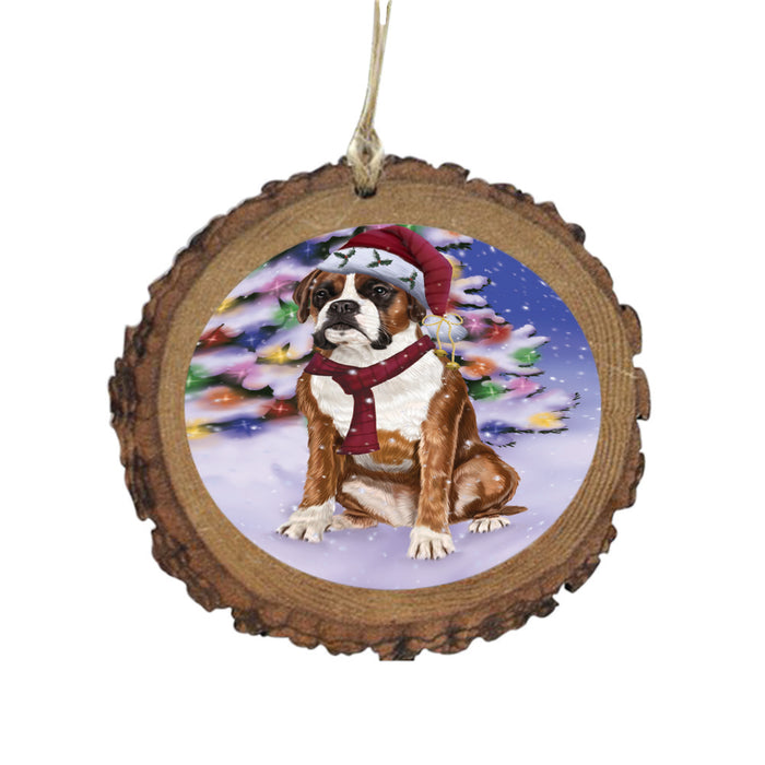 Winterland Wonderland Boxer Dog In Christmas Holiday Scenic Background Wooden Christmas Ornament WOR49536
