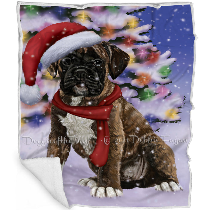 Winterland Wonderland Boxers Puppy Dog In Christmas Holiday Scenic Background Blanket