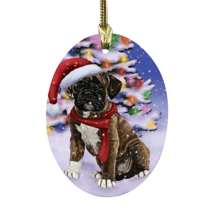 Winterland Wonderland Boxer Dog In Christmas Holiday Scenic Background Oval Glass Christmas Ornament OGOR49537