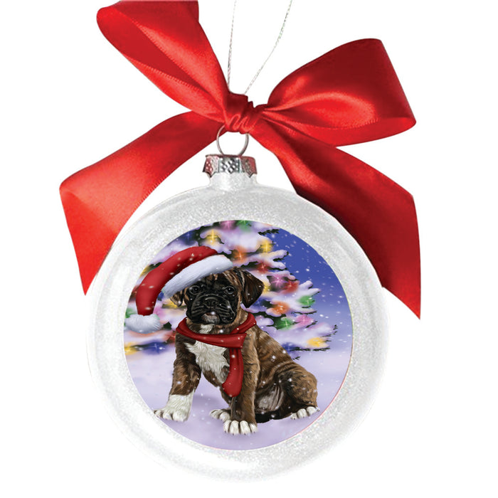 Winterland Wonderland Boxer Dog In Christmas Holiday Scenic Background White Round Ball Christmas Ornament WBSOR49537