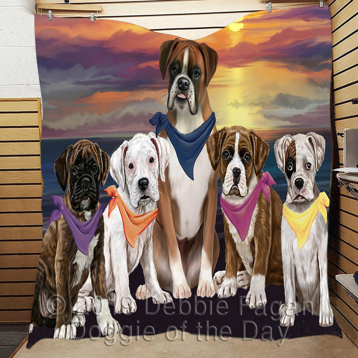 Family Sunset Portrait Boxer Dogs Quilt