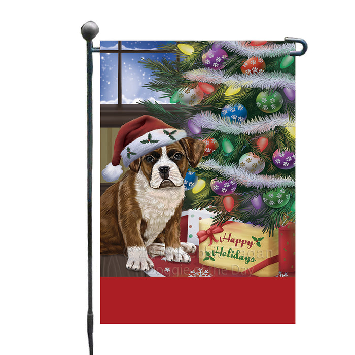 Personalized Christmas Happy Holidays Boxer Dog with Tree and Presents Custom Garden Flags GFLG-DOTD-A58606