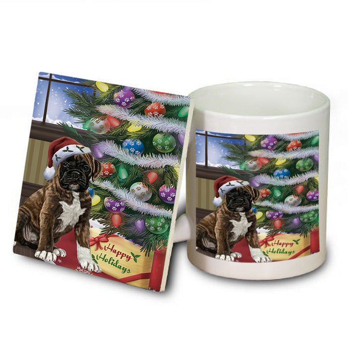 Christmas Happy Holidays Boxer Dog with Tree and Presents Mug and Coaster Set MUC53799