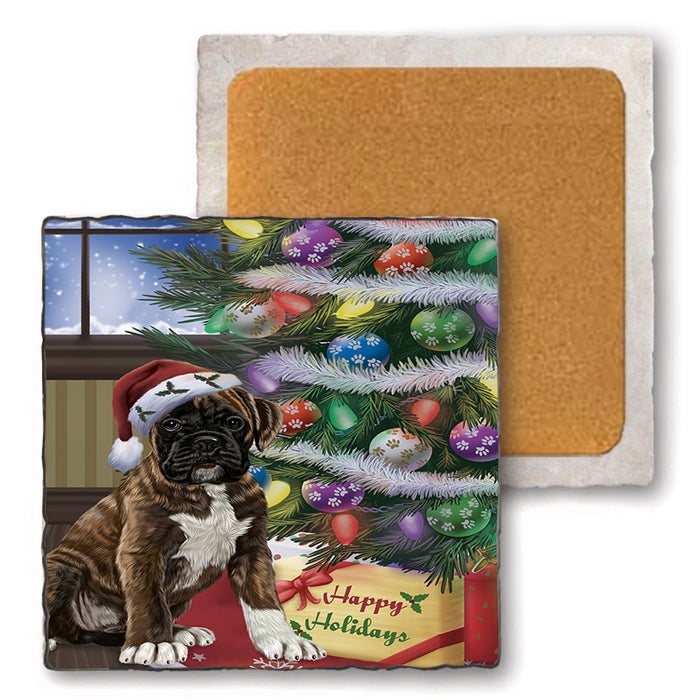 Christmas Happy Holidays Boxer Dog with Tree and Presents Set of 4 Natural Stone Marble Tile Coasters MCST48807