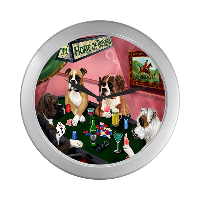 Home of Boxer Dogs Playing Poker Silver Wall Clocks