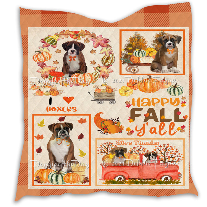 Happy Fall Y'all Pumpkin Boxer Dogs Quilt Bed Coverlet Bedspread - Pets Comforter Unique One-side Animal Printing - Soft Lightweight Durable Washable Polyester Quilt
