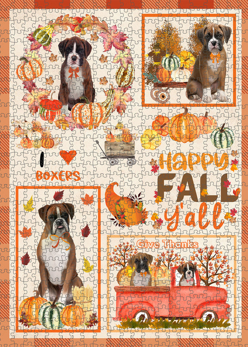 Happy Fall Y'all Pumpkin Boxer Dogs Portrait Jigsaw Puzzle for Adults Animal Interlocking Puzzle Game Unique Gift for Dog Lover's with Metal Tin Box