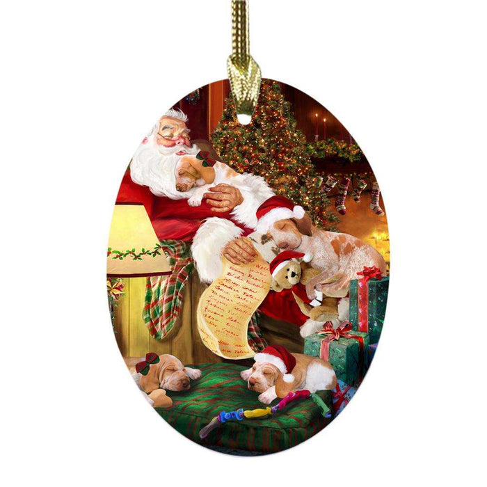Bracco Italiano Dogs and Puppies Sleeping with Santa Oval Glass Christmas Ornament OGOR49259