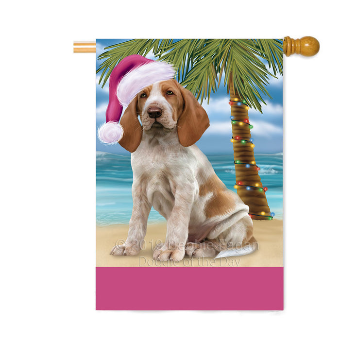 Personalized Summertime Happy Holidays Christmas Bracco Italiano Dog on Tropical Island Beach Custom House Flag FLG-DOTD-A60484