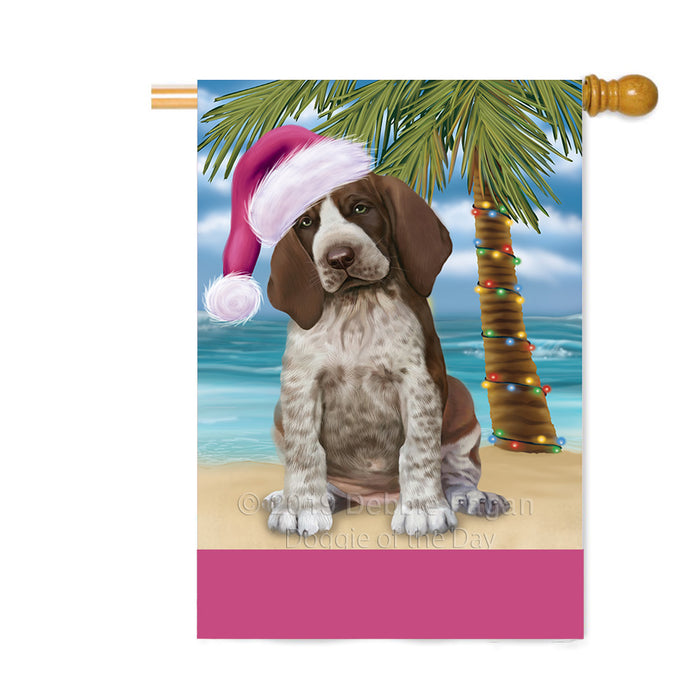 Personalized Summertime Happy Holidays Christmas Bracco Italiano Dog on Tropical Island Beach Custom House Flag FLG-DOTD-A60485