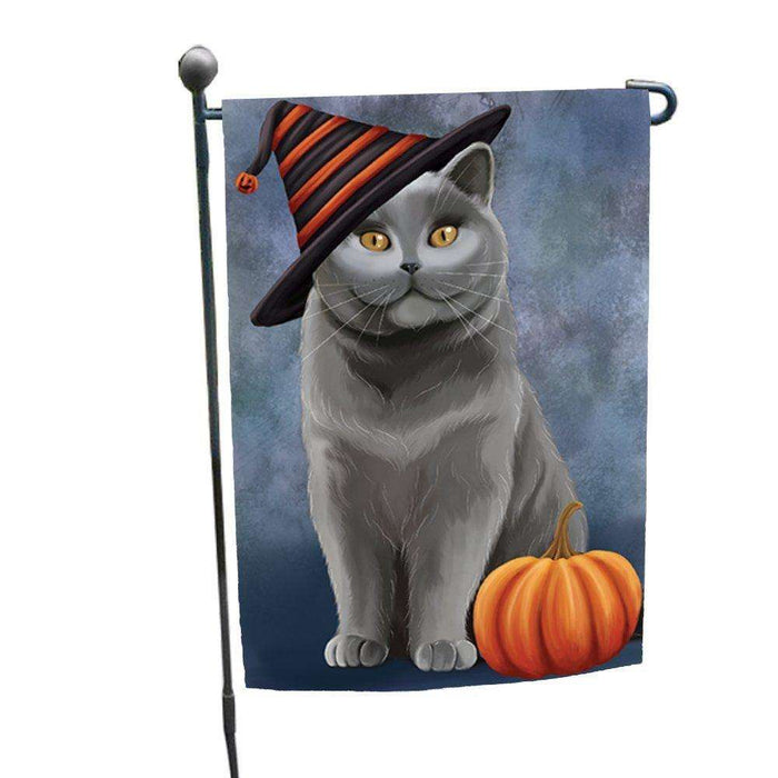 British Shorthair Cat Wearing Witch Hat with Pumpkin Garden Flag