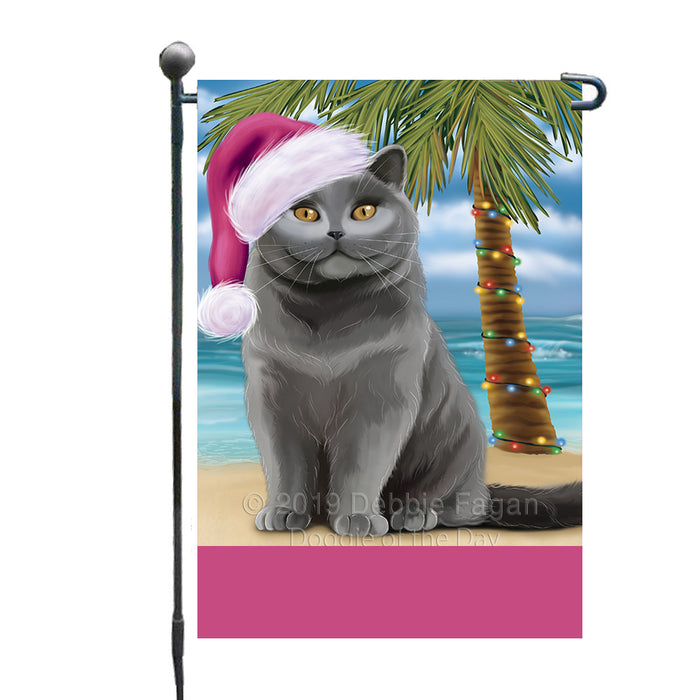 Personalized Summertime Happy Holidays Christmas British Shorthair Cat on Tropical Island Beach  Custom Garden Flags GFLG-DOTD-A60431