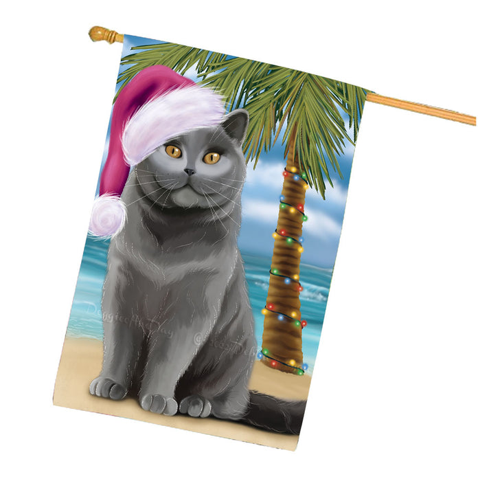 Christmas Summertime Beach British Shorthair Cat House Flag Outdoor Decorative Double Sided Pet Portrait Weather Resistant Premium Quality Animal Printed Home Decorative Flags 100% Polyester FLG68701