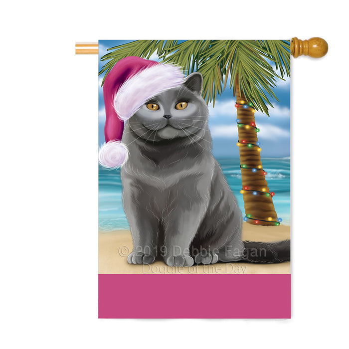 Personalized Summertime Happy Holidays Christmas British Shorthair Cat on Tropical Island Beach Custom House Flag FLG-DOTD-A60487