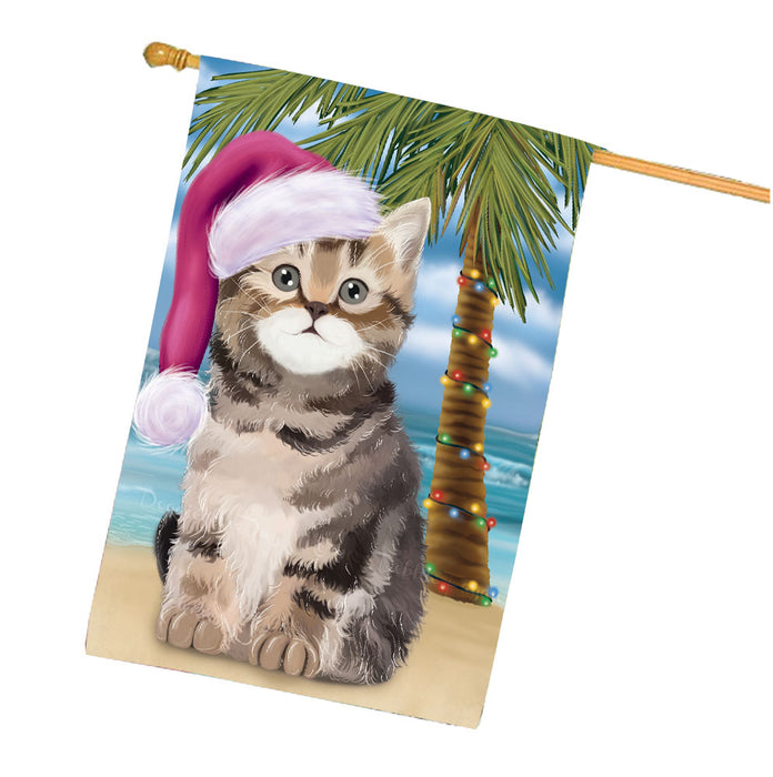 Christmas Summertime Beach British Shorthair Cat House Flag Outdoor Decorative Double Sided Pet Portrait Weather Resistant Premium Quality Animal Printed Home Decorative Flags 100% Polyester FLG68702