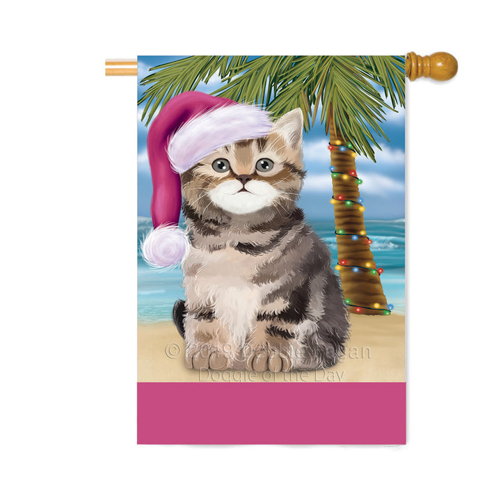 Personalized Summertime Happy Holidays Christmas British Shorthair Cat on Tropical Island Beach Custom House Flag FLG-DOTD-A60488