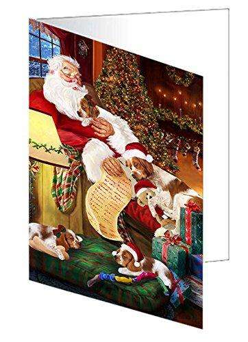 Brittany Spaniel Dog and Puppies Sleeping with Santa Handmade Artwork Assorted Pets Greeting Cards and Note Cards with Envelopes for All Occasions and Holiday Seasons