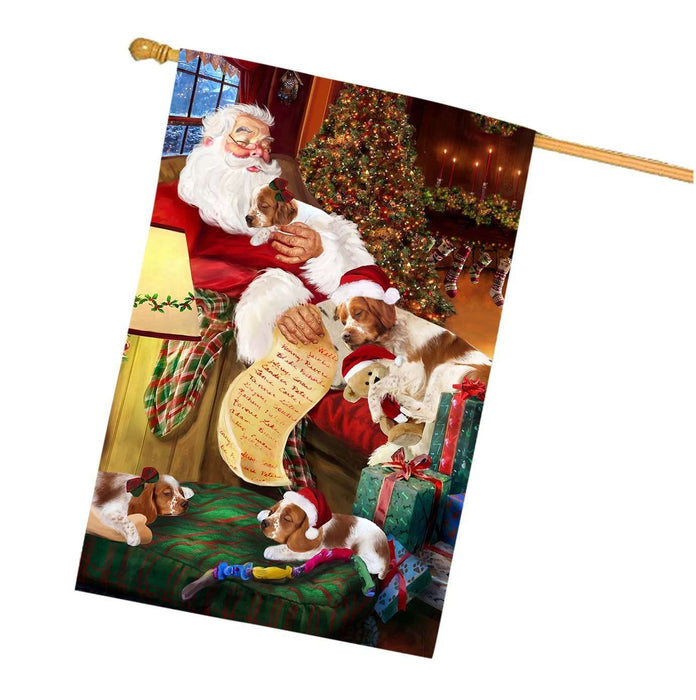 Brittany Spaniel Dog and Puppies Sleeping with Santa House Flag