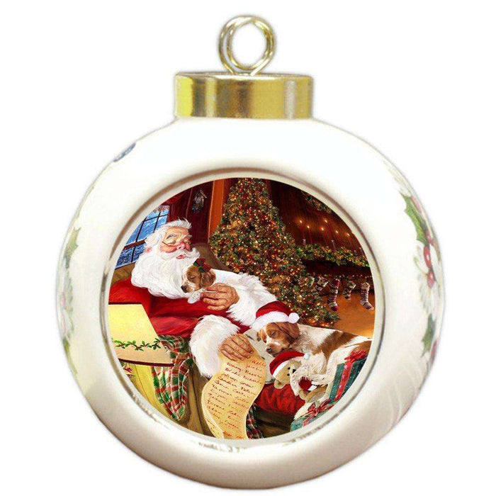 Brittany Spaniel Dog and Puppies Sleeping with Santa Round Ball Christmas Ornament D475