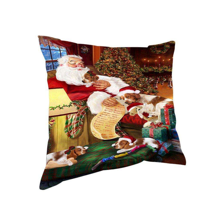 Brittany Spaniel Dog and Puppies Sleeping with Santa Throw Pillow