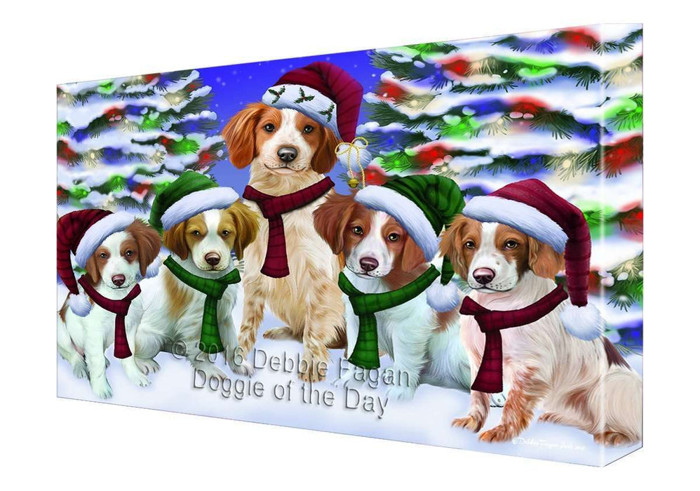 Brittany Spaniel Dog Christmas Family Portrait in Holiday Scenic Background Canvas Wall Art