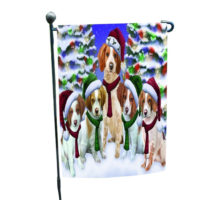 Brittany Spaniel Dog Christmas Family Portrait in Holiday Scenic Background Garden Flag