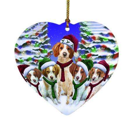 Brittany Spaniel Dog Christmas Family Portrait in Holiday Scenic Background Heart Ornament D160