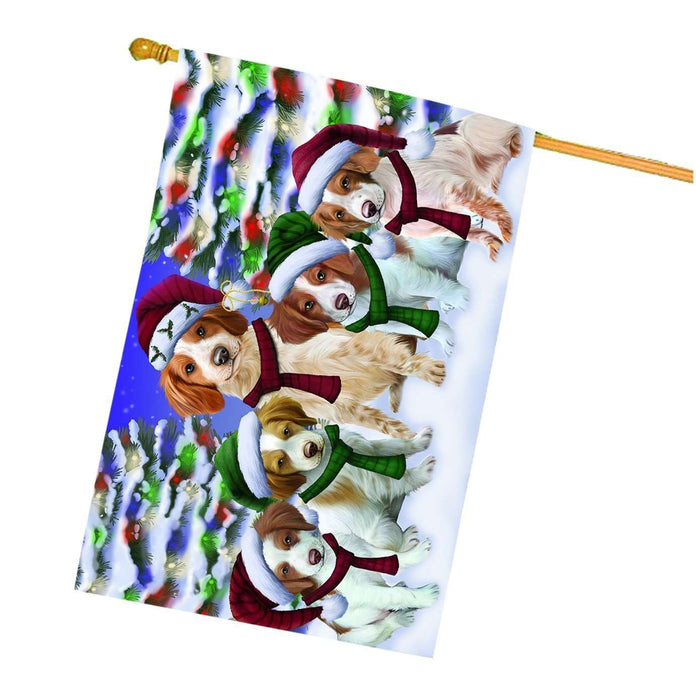 Brittany Spaniel Dog Christmas Family Portrait in Holiday Scenic Background House Flag