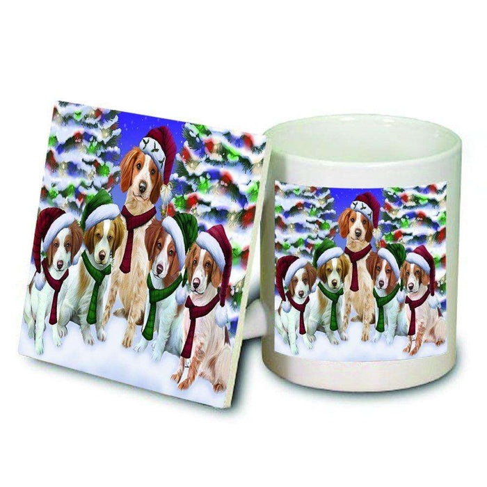 Brittany Spaniel Dog Christmas Family Portrait in Holiday Scenic Background Mug and Coaster Set