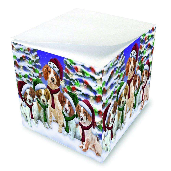 Brittany Spaniel Dog Christmas Family Portrait in Holiday Scenic Background Note Cube D176
