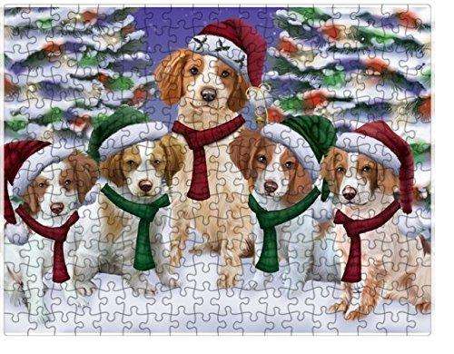 Brittany Spaniel Dog Christmas Family Portrait in Holiday Scenic Background Puzzle with Photo Tin D139