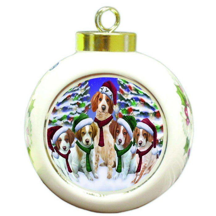 Brittany Spaniel Dog Christmas Family Portrait in Holiday Scenic Background Round Ball Ornament D160