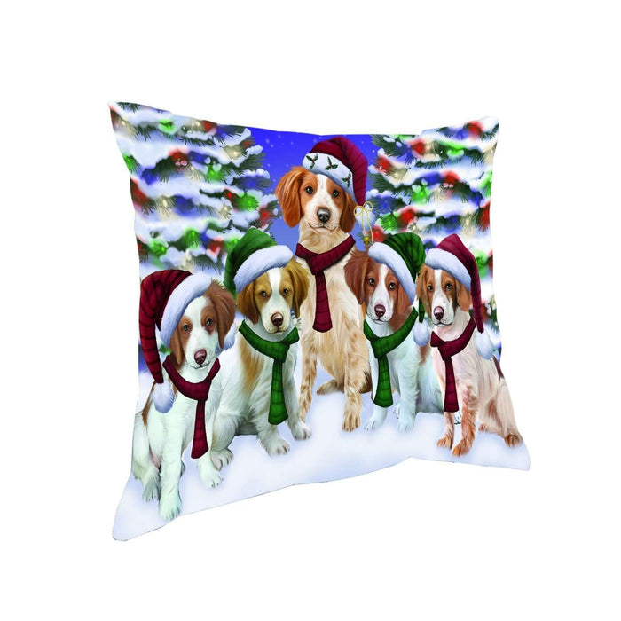 Brittany Spaniel Dog Christmas Family Portrait in Holiday Scenic Background Throw Pillow
