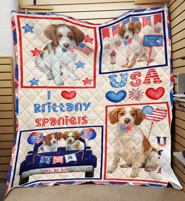 4th of July Independence Day I Love USA Brittany Spaniel Dogs Quilt Bed Coverlet Bedspread - Pets Comforter Unique One-side Animal Printing - Soft Lightweight Durable Washable Polyester Quilt