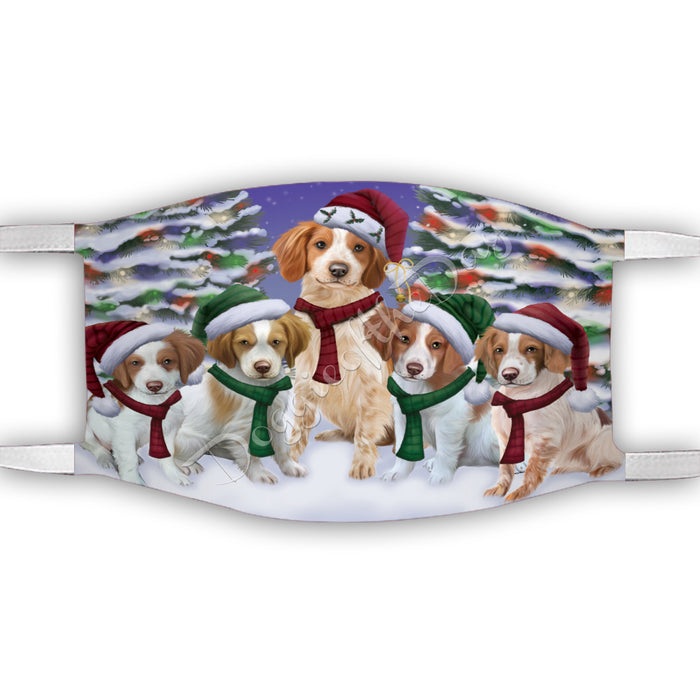 Brittany Spaniel Dogs Christmas Family Portrait in Holiday Scenic Background Face Mask FM48327