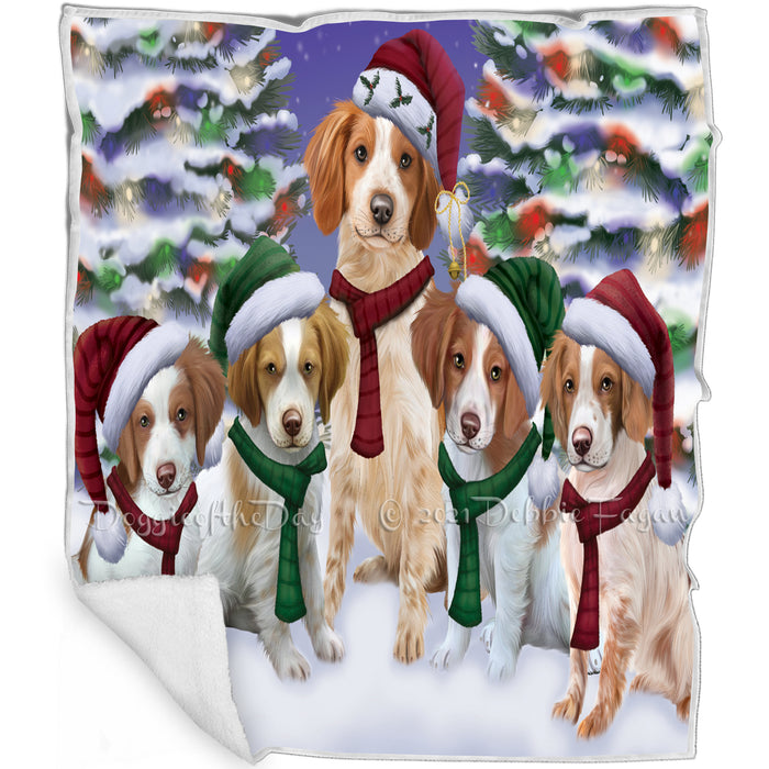 Brittany Spaniel Dog Christmas Family Portrait in Holiday Scenic Background Art Portrait Print Woven Throw Sherpa Plush Fleece Blanket
