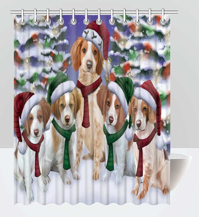 Brittany Spaniel Dogs Christmas Family Portrait in Holiday Scenic Background Shower Curtain