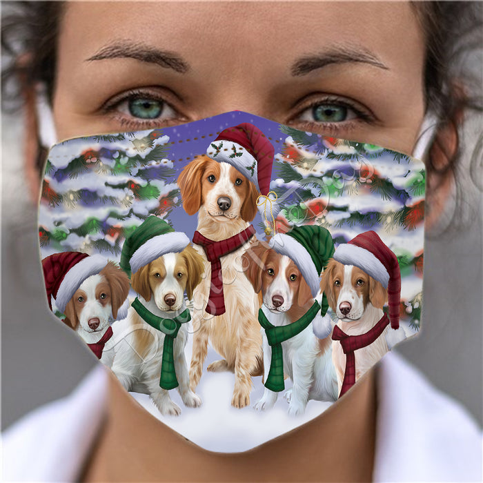 Brittany Spaniel Dogs Christmas Family Portrait in Holiday Scenic Background Face Mask FM48327