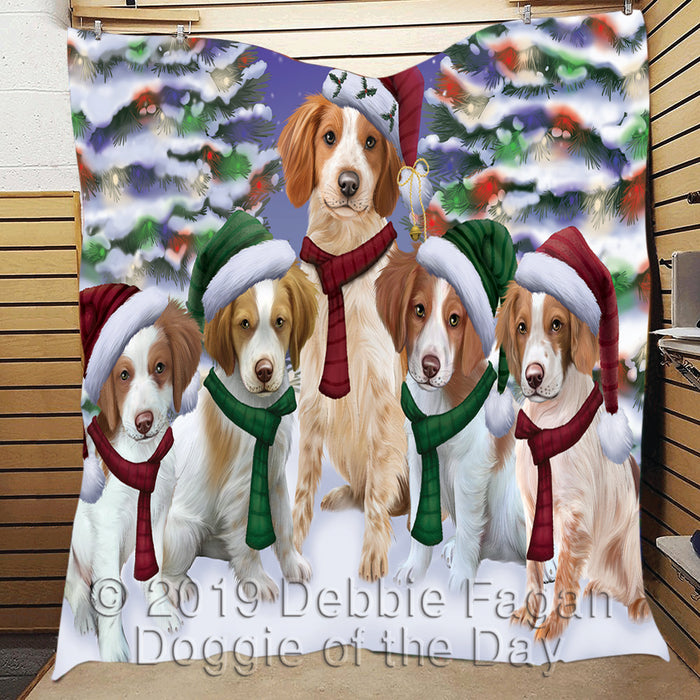 Brittany Spaniel Dogs Christmas Family Portrait in Holiday Scenic Background Quilt