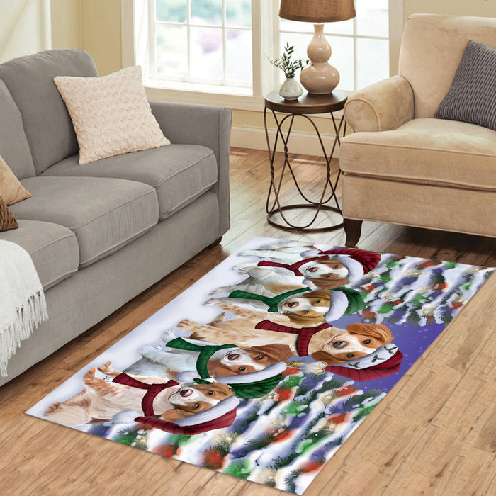 Brittany Spaniel Dogs Christmas Family Portrait in Holiday Scenic Background Area Rug