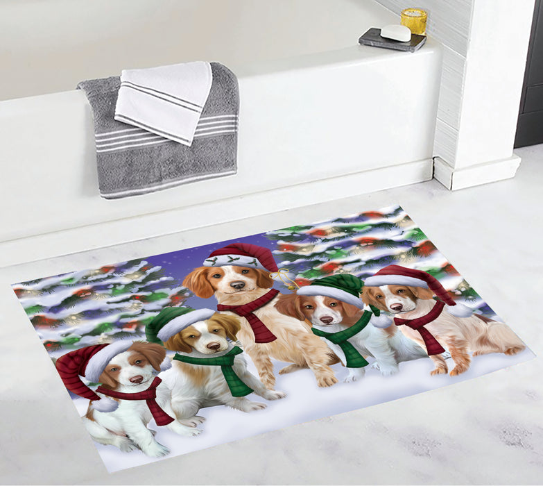 Brittany Spaniel Dogs Christmas Family Portrait in Holiday Scenic Background Bath Mat
