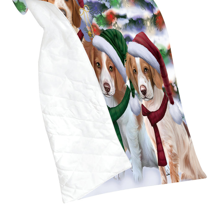 Brittany Spaniel Dogs Christmas Family Portrait in Holiday Scenic Background Quilt