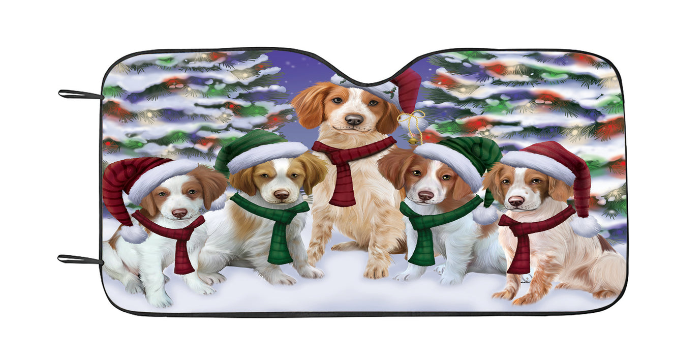 Brittany Spaniel Dogs Christmas Family Portrait in Holiday Scenic Background Car Sun Shade
