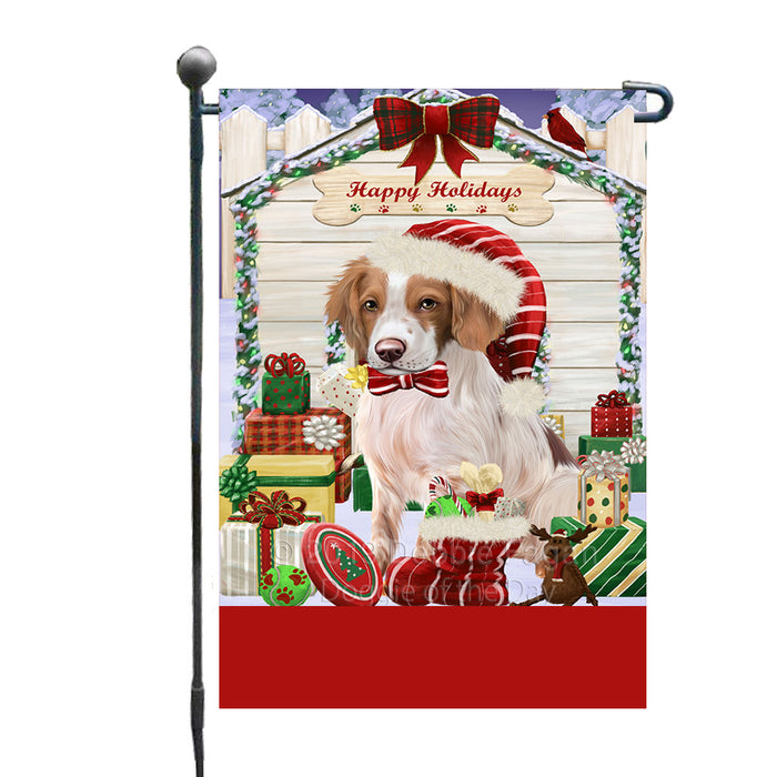 Personalized Happy Holidays Christmas Brittany Spaniel Dog House with Presents Custom Garden Flags GFLG-DOTD-A59289