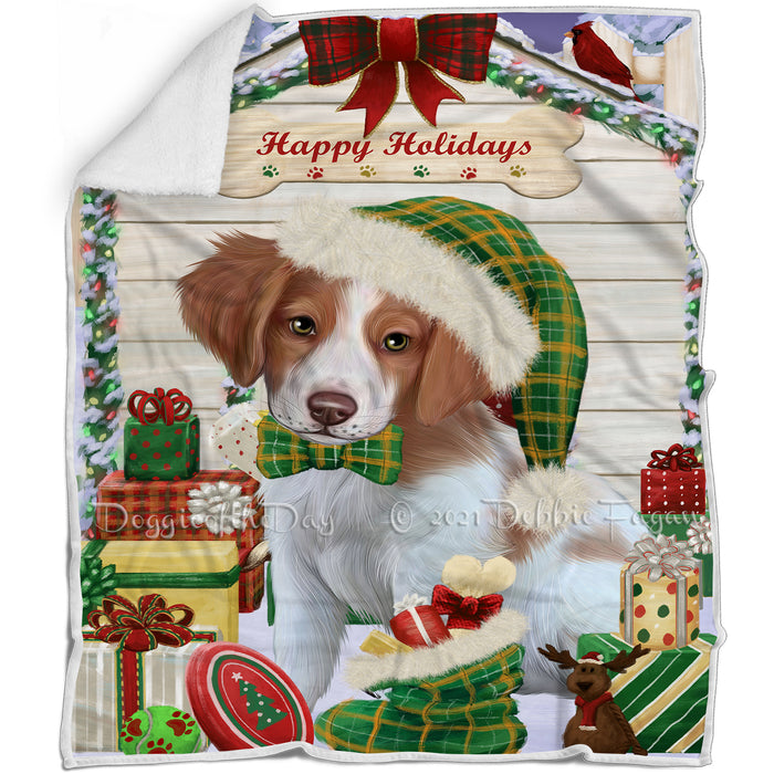 Happy Holidays Christmas Brittany Spaniel Dog House with Presents Blanket BLNKT78321